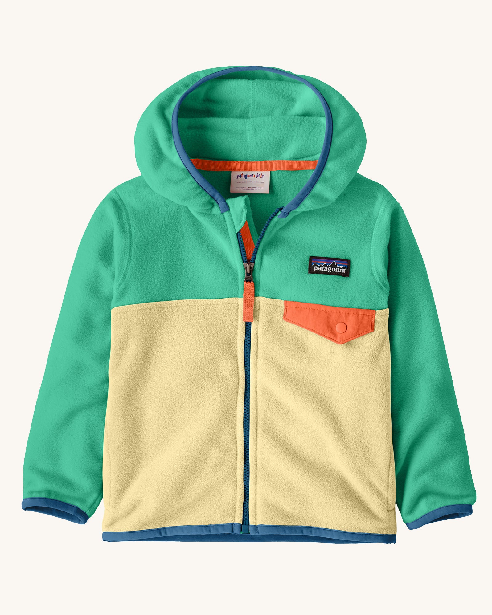 Patagonia little kids hooded micro-d snap t jacket in yellow with green upper body with full front zip and chest pocket with orange flap