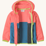 A open Patagonia little kids hooded micro d snap t jacket in blue and pink upper body. Showing the inner detailing