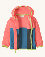A open Patagonia little kids hooded micro d snap t jacket in blue and pink upper body. Showing the inner detailing