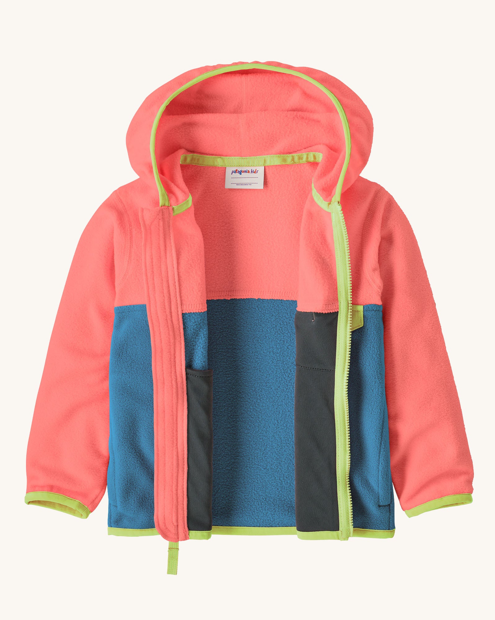 A open Patagonia little kids hooded micro d snap t jacket in blue and pink upper body. Showing the inner detailing