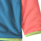 Close up of Patagonia little kids hooded micro d snap t jacket in blue and pink. Showing light green trim and side pocket
