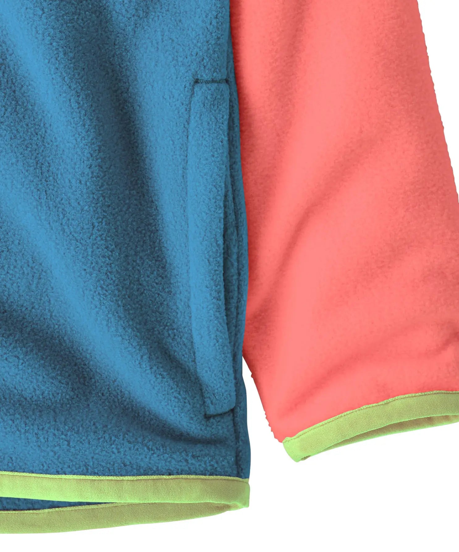 Close up of Patagonia little kids hooded micro d snap t jacket in blue and pink. Showing light green trim and side pocket