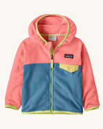 Patagonia little kids hooded micro d snap t jacket in blue and pink upper body with full length zip and small yellow chest pocket 