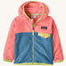 Patagonia little kids hooded micro d snap t jacket in blue and pink upper body with full length zip and small yellow chest pocket 