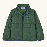 Patagonia water resistant baby nano puff jacket in canopy green with blue trim. Features a full front zip and brick puffer pattern