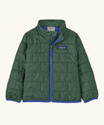 Patagonia water resistant baby nano puff jacket in canopy green with blue trim. Features a full front zip and brick puffer pattern
