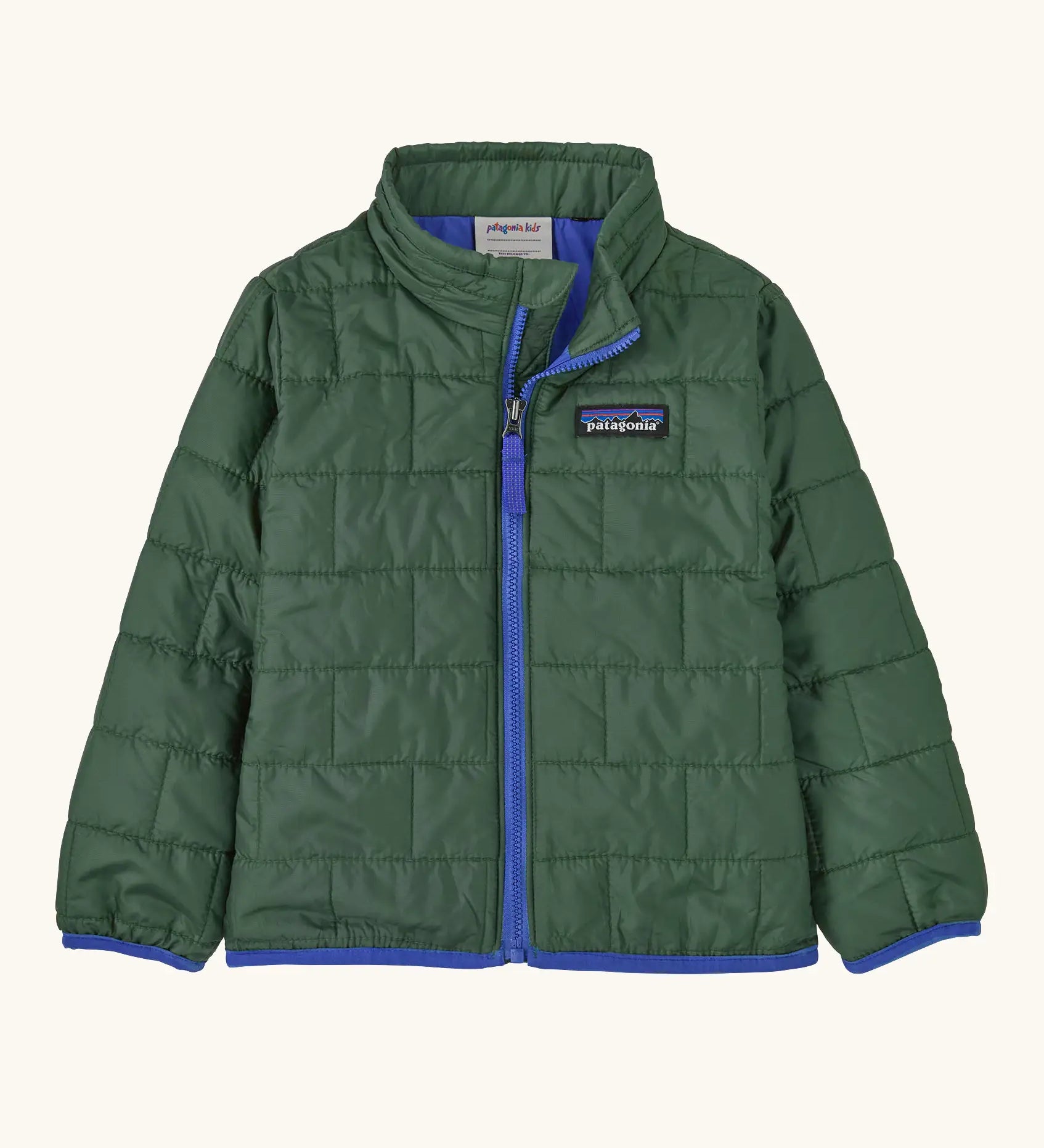 Patagonia water resistant baby nano puff jacket in canopy green with blue trim. Features a full front zip and brick puffer pattern