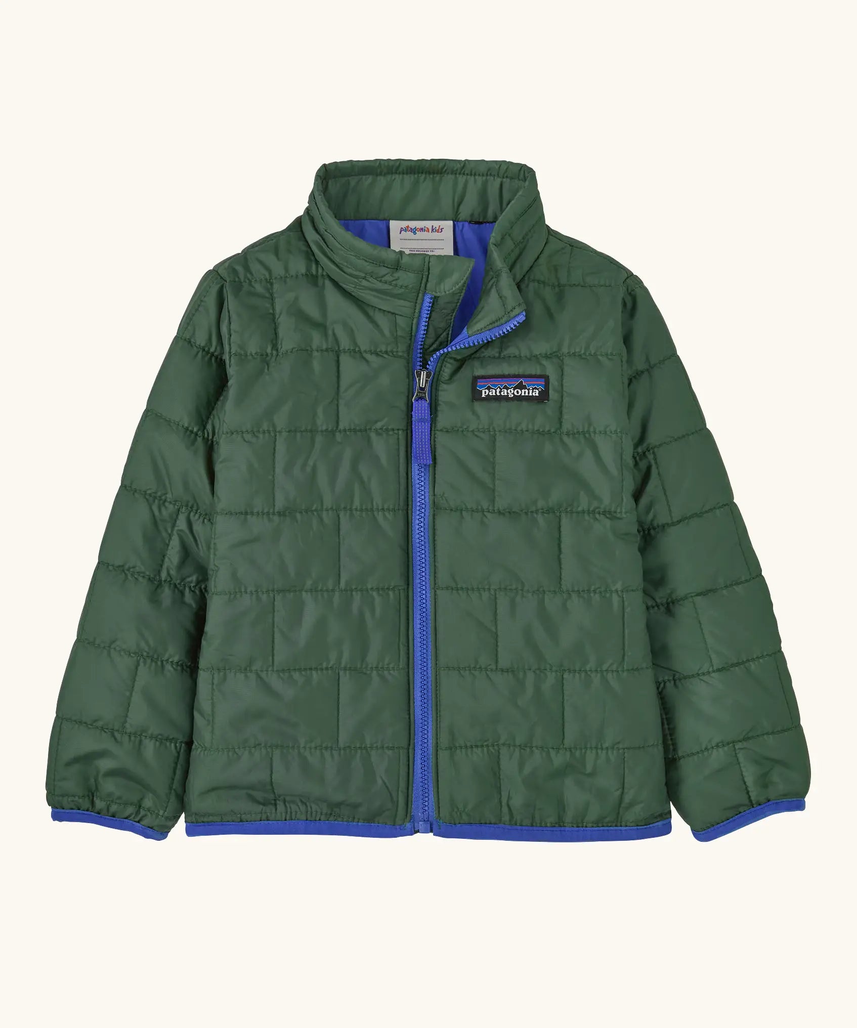 Patagonia water resistant baby nano puff jacket in canopy green with blue trim. Features a full front zip and brick puffer pattern