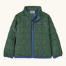 Patagonia water resistant baby nano puff jacket in canopy green with blue trim. Features a full front zip and brick puffer pattern
