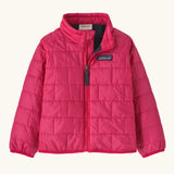 Patagonia water resistant baby nano puff jacket in punchy pink. Features a full front zip and brick puffer pattern