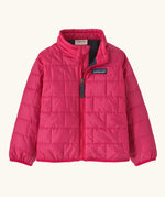 Patagonia water resistant baby nano puff jacket in punchy pink. Features a full front zip and brick puffer pattern
