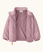 Patagonia Little Kids Nano Puff Jacket  in pale purple. Shows full length front zip opened