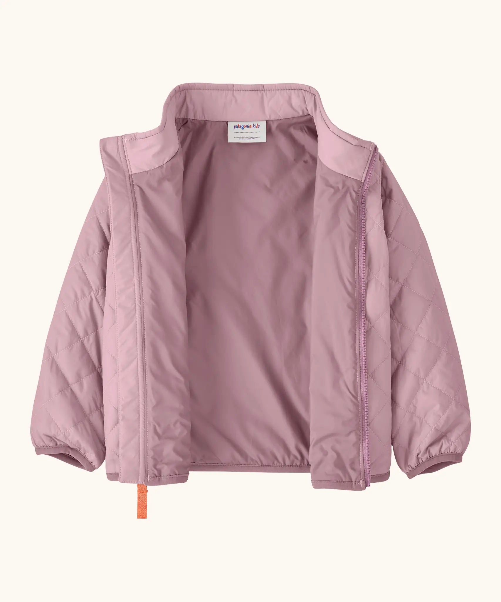 Patagonia Little Kids Nano Puff Jacket  in pale purple. Shows full length front zip opened