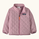 Patagonia Little Kids Nano Puff Jacket  in pale purple. Shows full length front zip, turned up collar and diamond quilting