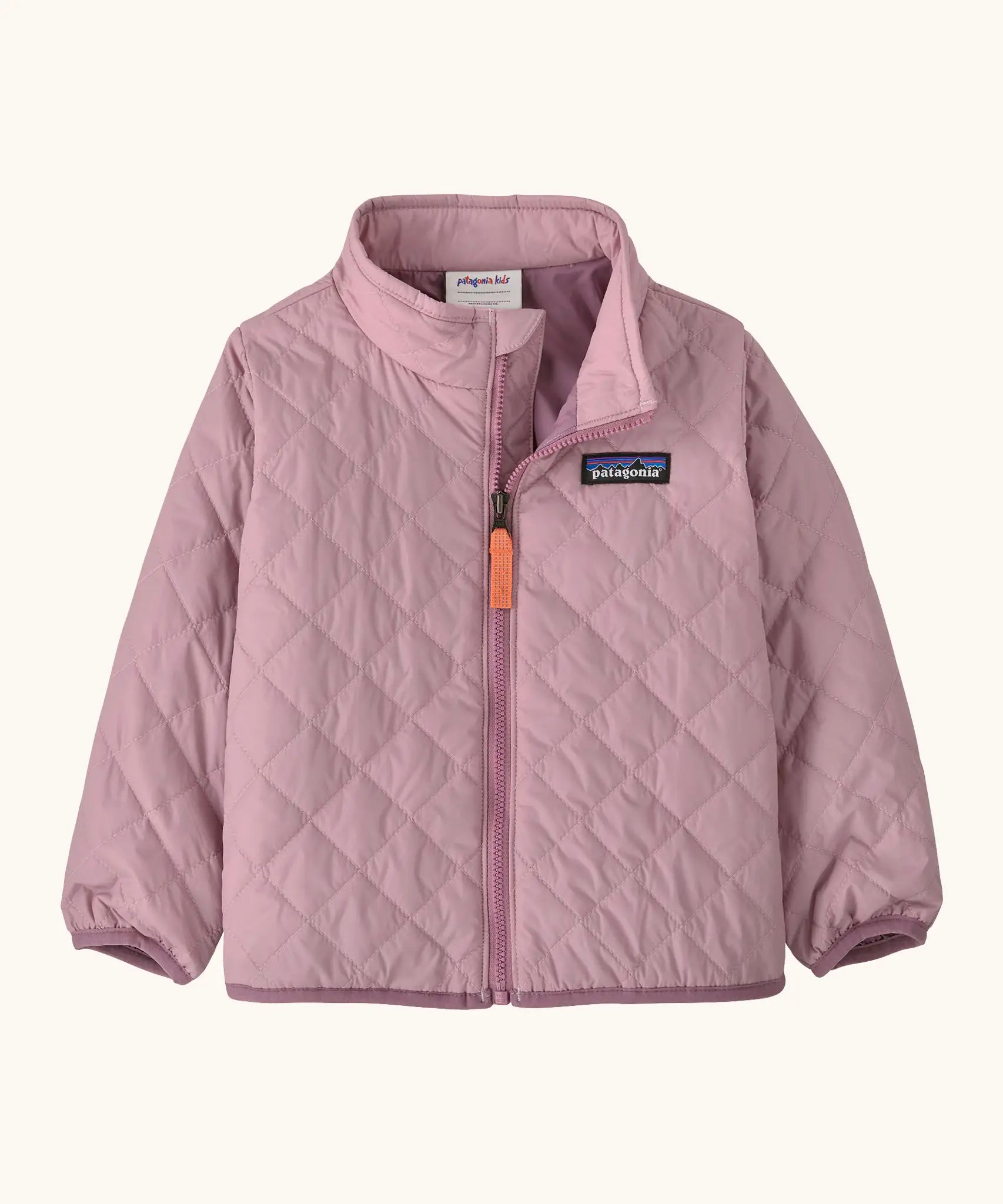 Patagonia Little Kids Nano Puff Jacket  in pale purple. Shows full length front zip, turned up collar and diamond quilting