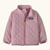 Patagonia Little Kids Nano Puff Jacket  in pale purple. Shows full length front zip, turned up collar and diamond quilting
