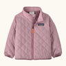 Patagonia Little Kids Nano Puff Jacket  in pale purple. Shows full length front zip, turned up collar and diamond quilting