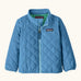 Patagonia Little Kids Nano Puff Jacket  in blue. Shows full length front zip, turned up collar and diamond quilting