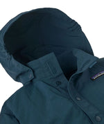 Close up of Patagonia's little kids recycled nylon outdoor everyday jacket in navy showing attached hood to collar