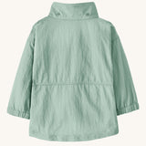 Back of Patagonia little kids recycled nylon outdoor everyday jacket in mint green. Shows removed hood and popper fasteners on collar