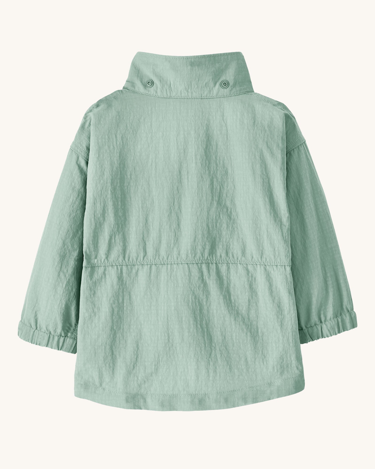 Back of Patagonia little kids recycled nylon outdoor everyday jacket in mint green. Shows removed hood and popper fasteners on collar