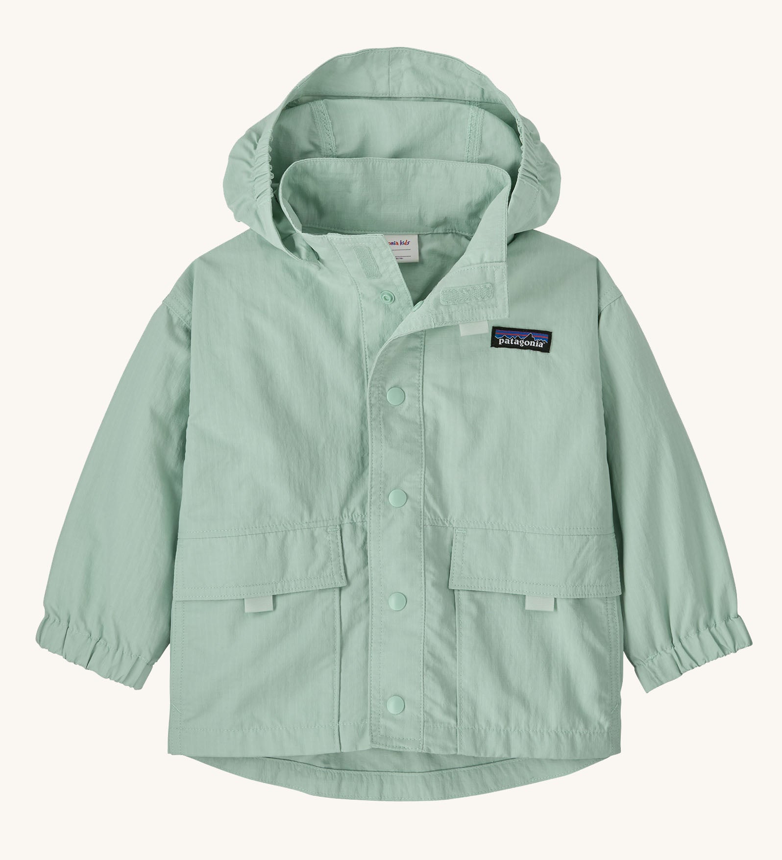 Patagonia little kids recycled nylon outdoor everyday jacket in mint green. Shows full length front popper, front velcro pockets