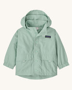 Patagonia little kids recycled nylon outdoor everyday jacket in mint green. Shows full length front popper, front velcro pockets