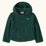 Patagonia baby retro pile fleece in green. A thick hooded jacket with full length popper fasteners and side pockets
