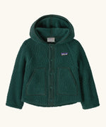 Patagonia baby retro pile fleece in green. A thick hooded jacket with full length popper fasteners and side pockets