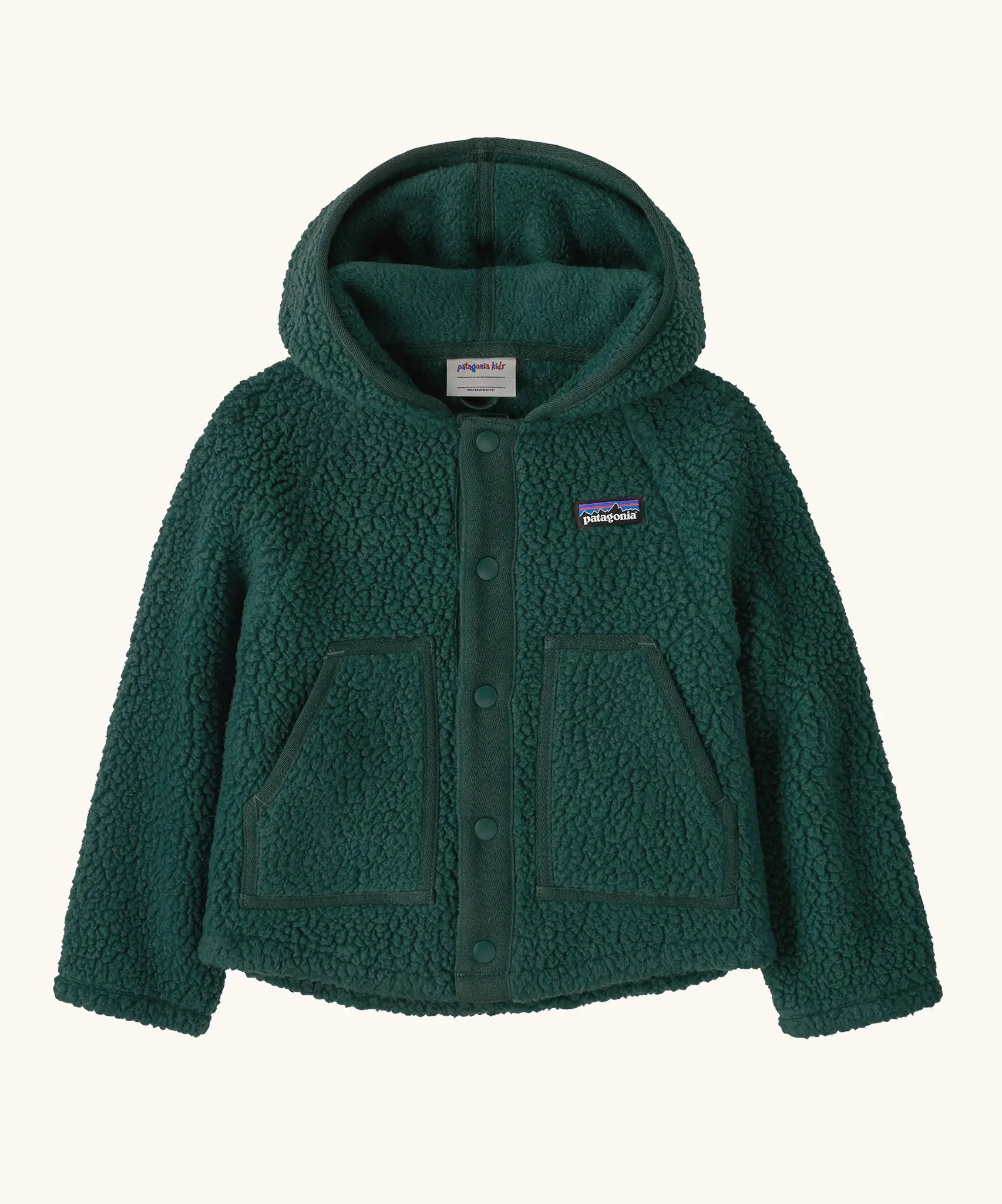 Patagonia baby retro pile fleece in green. A thick hooded jacket with full length popper fasteners and side pockets