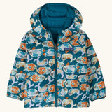 Patagonia baby reversible down hooded sweater water repellent jacket showing the repeating playful seal design with full front zip and pockets