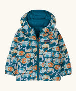 Patagonia baby reversible down hooded sweater water repellent jacket showing the repeating playful seal design with full front zip and pockets