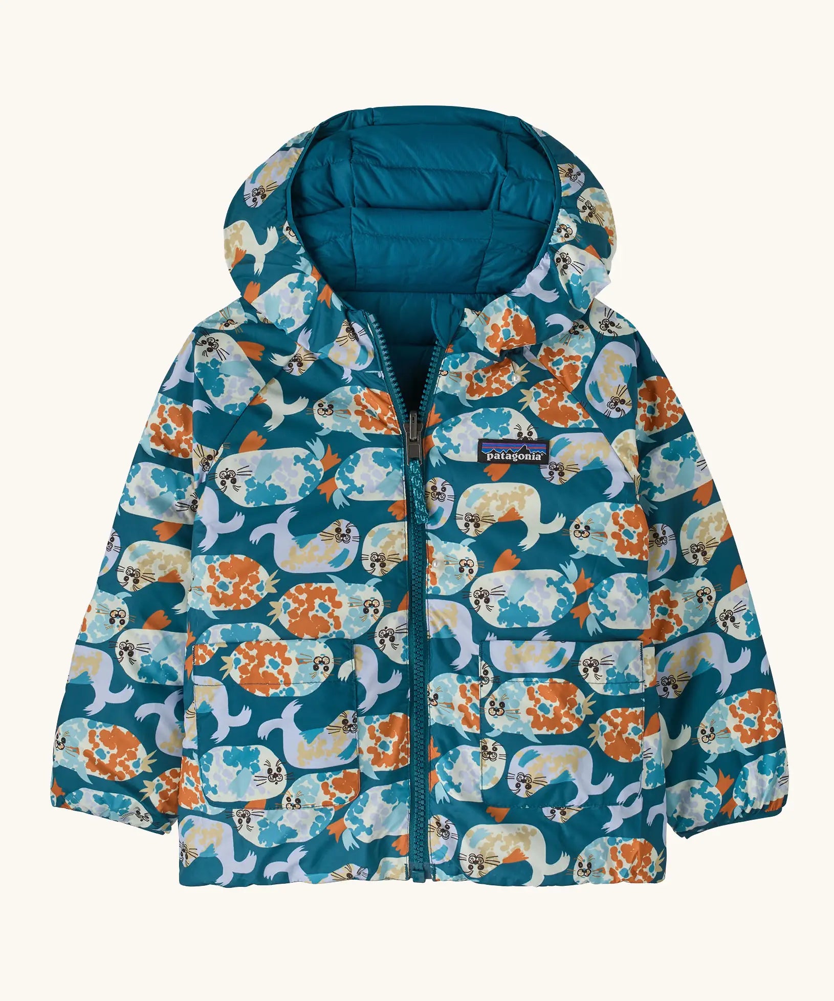 Patagonia baby reversible down hooded sweater water repellent jacket showing the repeating playful seal design with full front zip and pockets