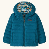 Patagonia baby reversible down hooded sweater water repellent jacket in glacial blue showing a full front fastener and side pockets