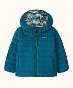 Patagonia baby reversible down hooded sweater water repellent jacket in glacial blue showing a full front fastener and side pockets