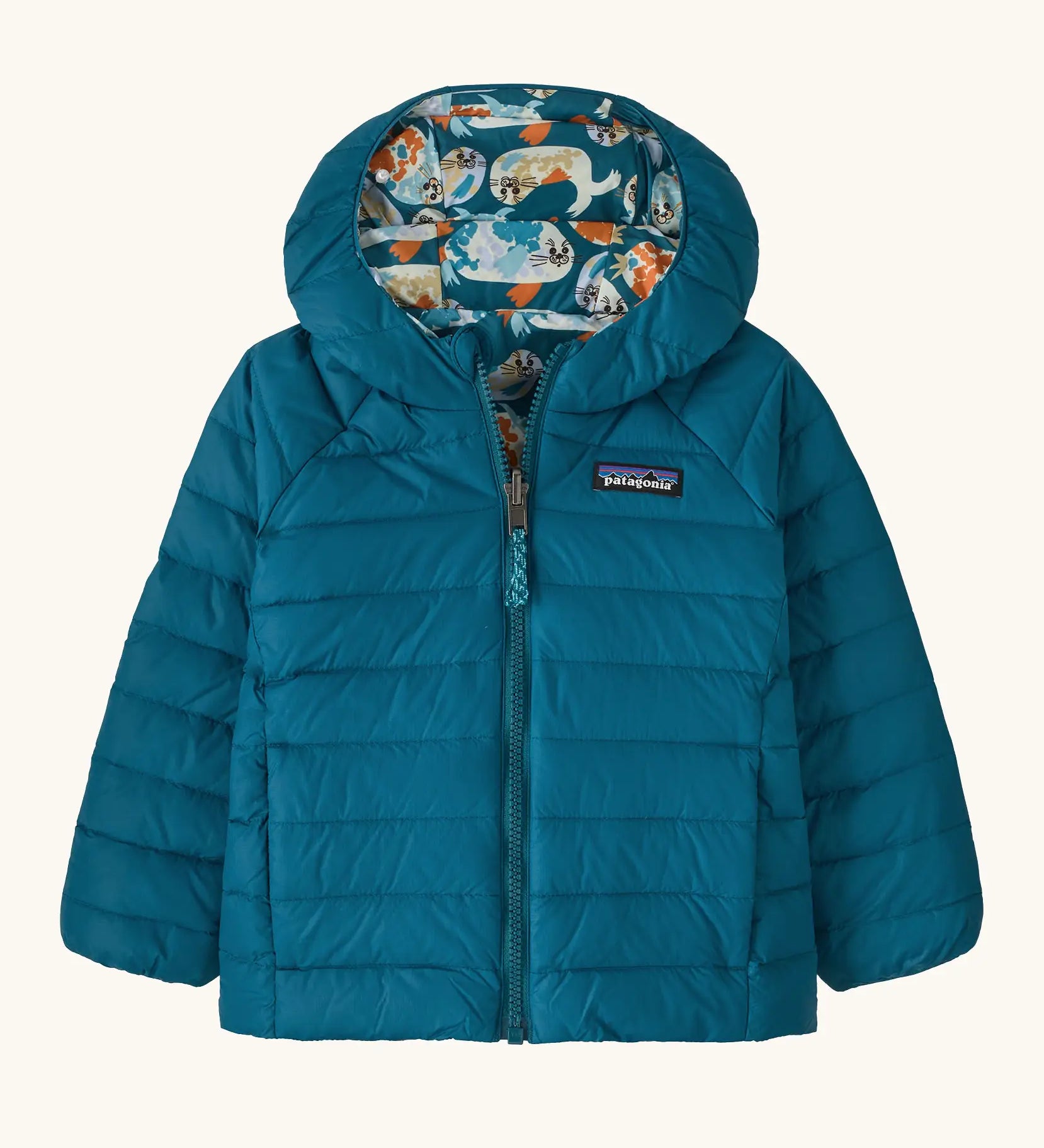 Patagonia baby reversible down hooded sweater water repellent jacket in glacial blue showing a full front fastener and side pockets