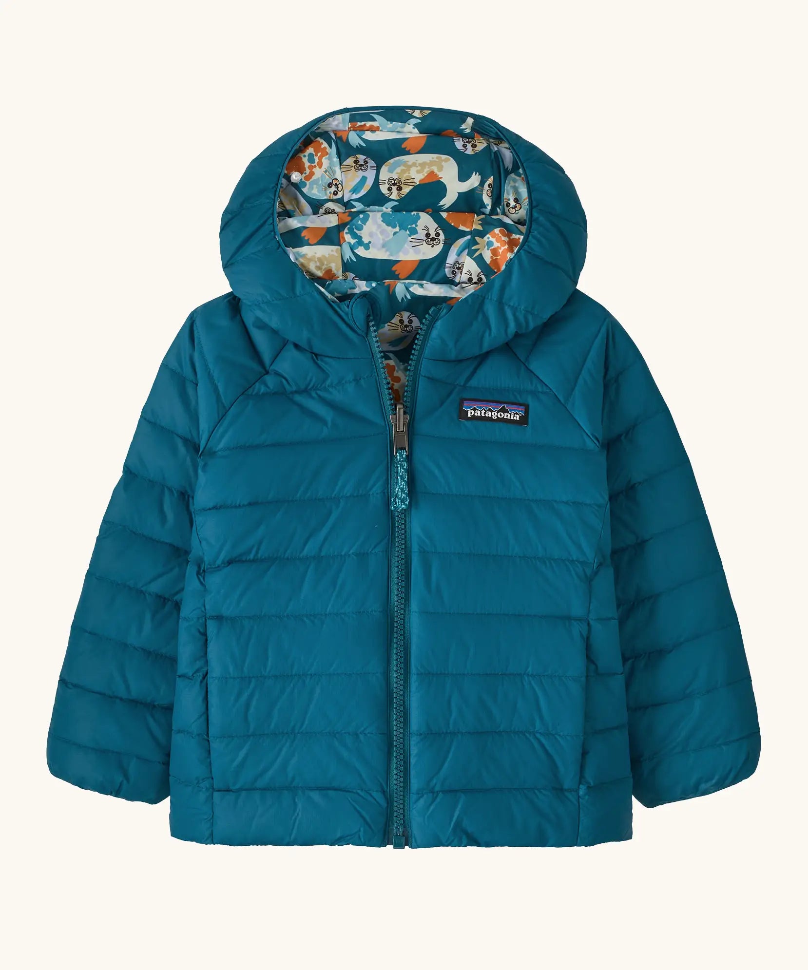 Patagonia baby reversible down hooded sweater water repellent jacket in glacial blue showing a full front fastener and side pockets