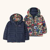 Patagonia baby reversible down hooded sweater jacket in new navy with a repeating colourful abstract design on the reverse. Features a full front zip and pockets