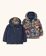 Patagonia baby reversible down hooded sweater jacket in new navy with a repeating colourful abstract design on the reverse. Features a full front zip and pockets
