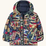 Patagonia baby reversible down hooded sweater water repellent jacket with a colourful abstract design showing a full front fastener and pockets