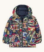 Patagonia baby reversible down hooded sweater water repellent jacket with a colourful abstract design showing a full front fastener and pockets