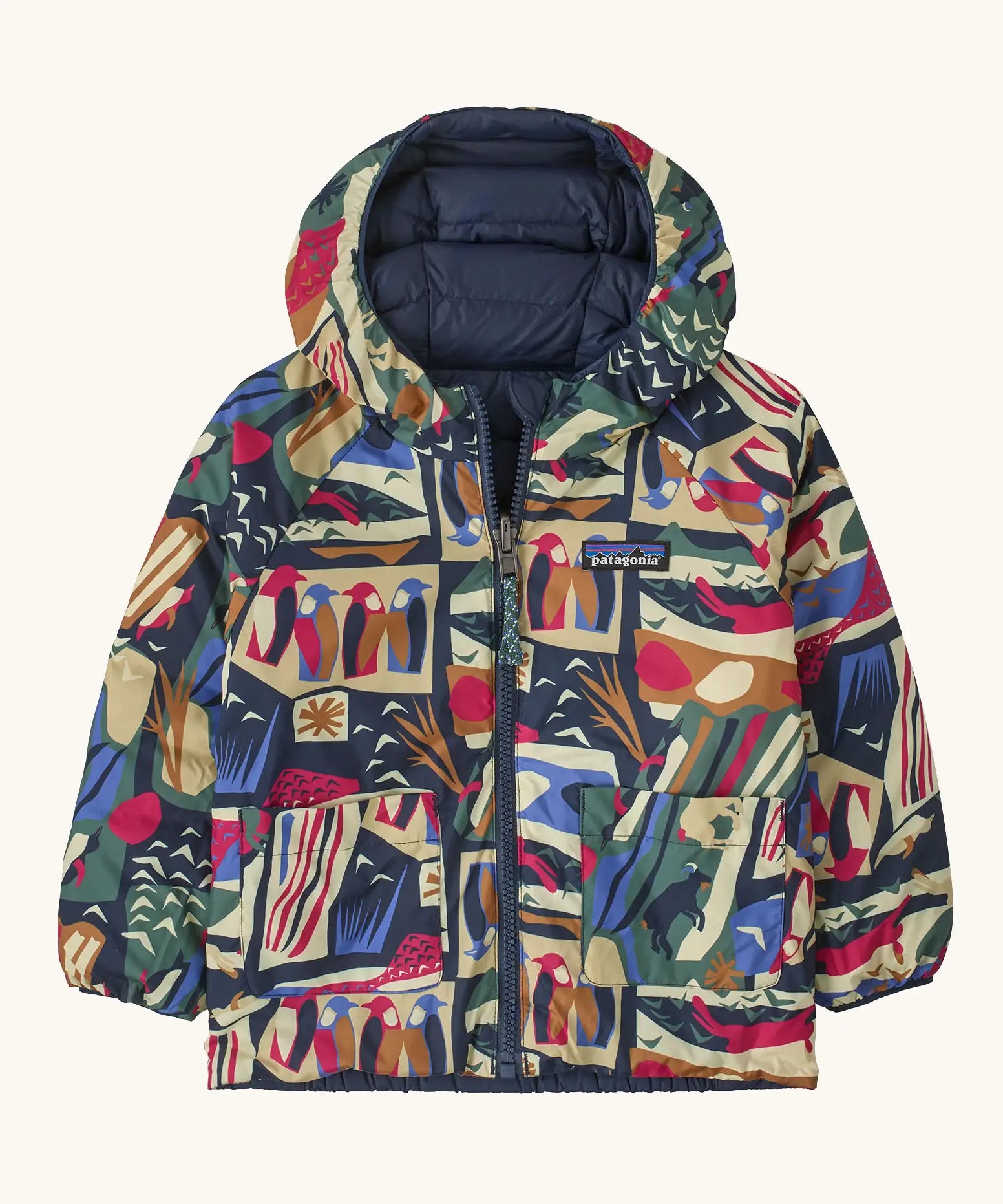 Patagonia baby reversible down hooded sweater water repellent jacket with a colourful abstract design showing a full front fastener and pockets