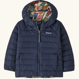 Patagonia baby reversible down hooded sweater water repellent jacket in new navy showing a full front fastener and side pockets