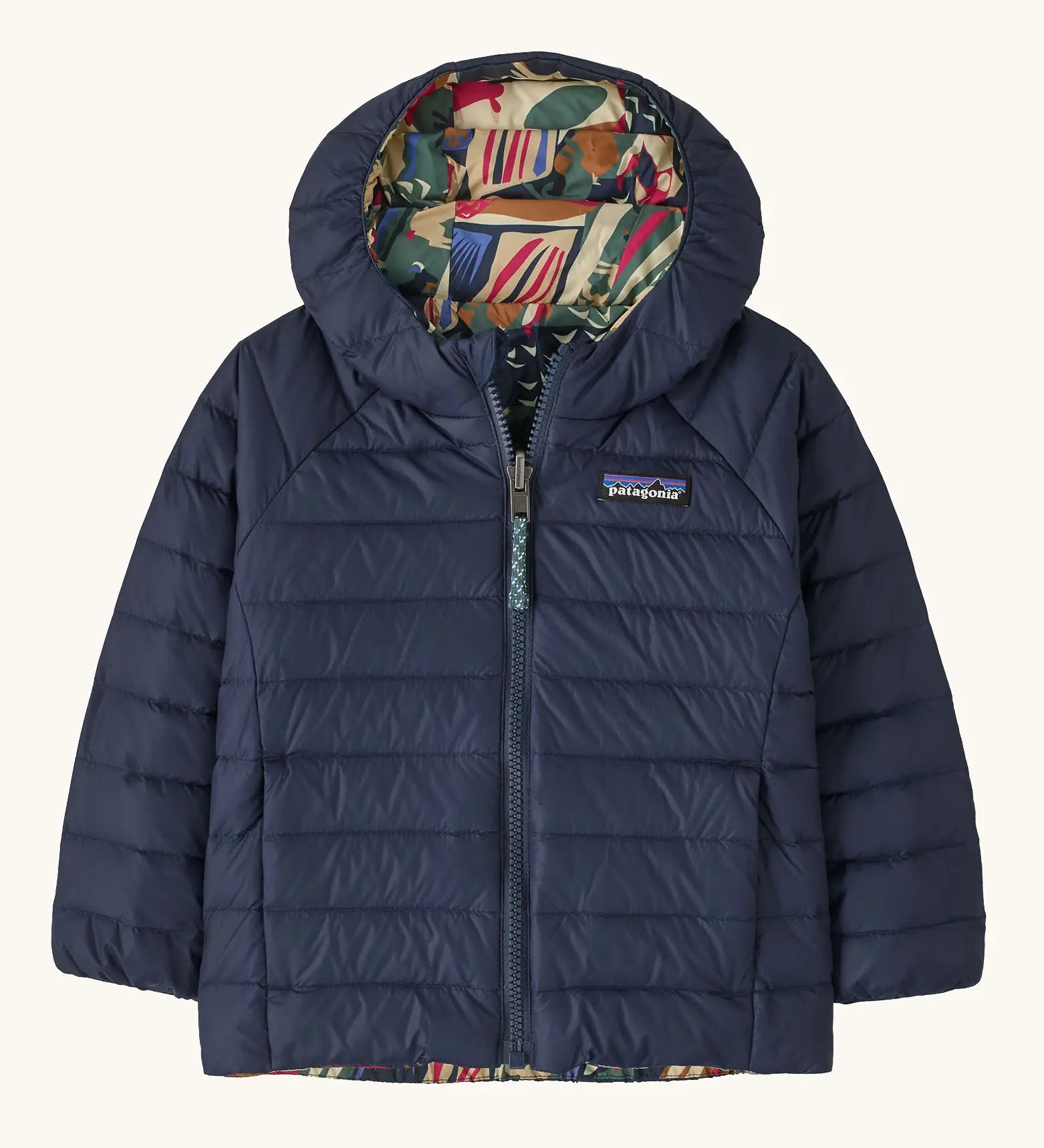 Patagonia baby reversible down hooded sweater water repellent jacket in new navy showing a full front fastener and side pockets