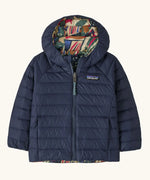 Patagonia baby reversible down hooded sweater water repellent jacket in new navy showing a full front fastener and side pockets