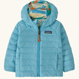 Patagonia baby reversible down hooded sweater jacket in bright blue showing  a full front zip and side pockets