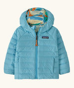 Patagonia baby reversible down hooded sweater jacket in bright blue showing  a full front zip and side pockets