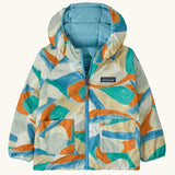 Patagonia baby reversible down hooded sweater jacket with abstract brushstrokes design showing a full front zip and pockets