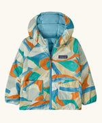 Patagonia baby reversible down hooded sweater jacket with abstract brushstrokes design showing a full front zip and pockets