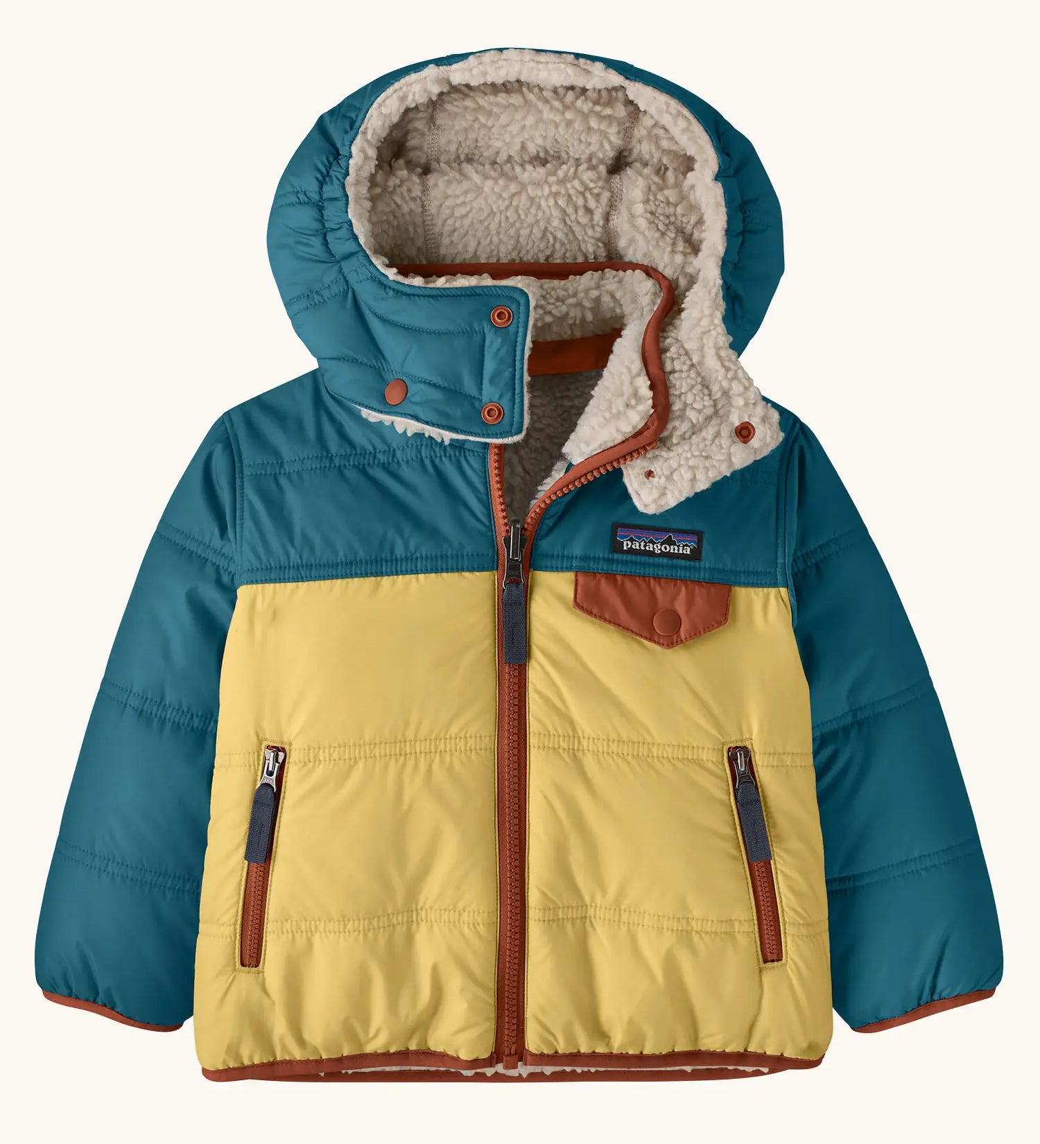Patagonia reversible little kids tribbles hoody coat in teal and yellow lower half with removable hood full front zip and side pockets